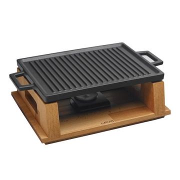 Сковорода-гриль 22*30 см. h=1,5 см. чугун, черная с 2 ручками, на дерев.подставке,без горелки, ECO LAVA /1/