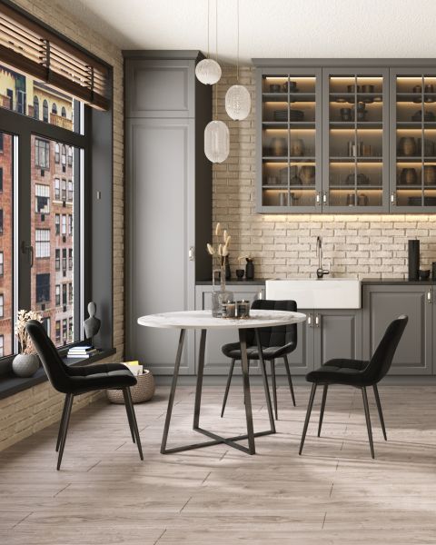 Стол обеденный Дакота 100*100 белый мрамор ножки черные