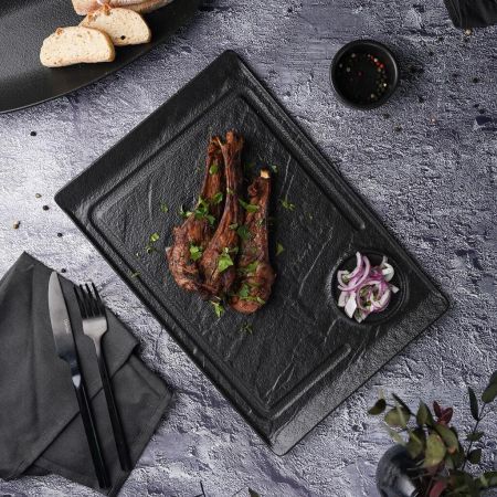 Блюдо прямоугольное 35*24 см h2,2 см борт Side Up2 с выемкой для соусника Black Raw Stellar P.L. [3]