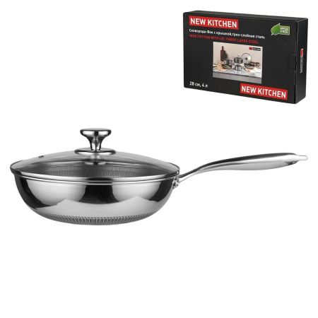 Сковорода Вок (WOK) 28/16,5 см h15,5/8,5 см 4л с крышкой Honeycombs нерж. с антиприг. покр. ИНДУКЦИЯ