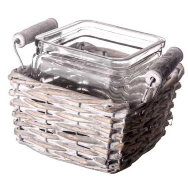 Банка для подачи квадратная 650 мл 12*12*12 см стекло в плетеной подставке P.L.